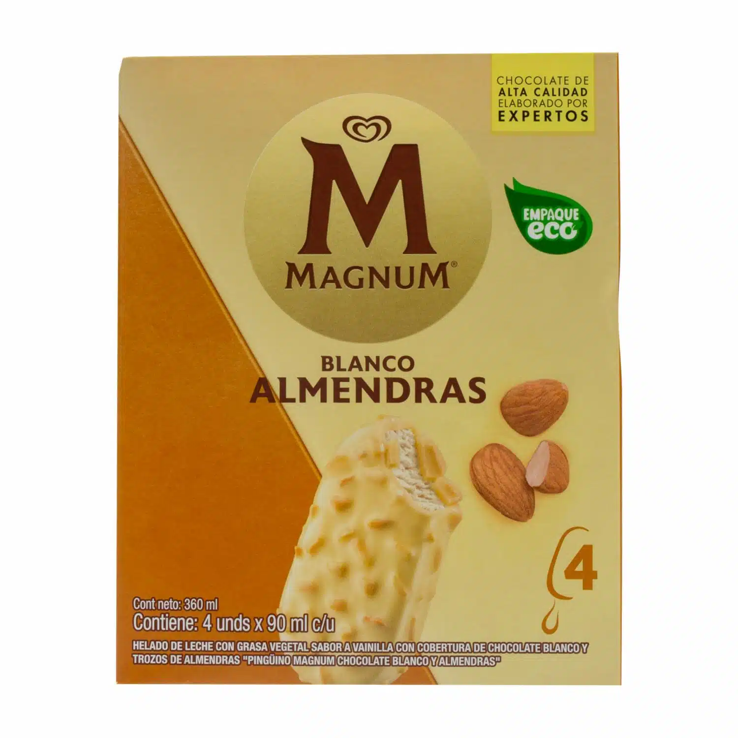 Helado Magnum Blanco Almendras PINGÜINO 4 Uds X 90 Ml