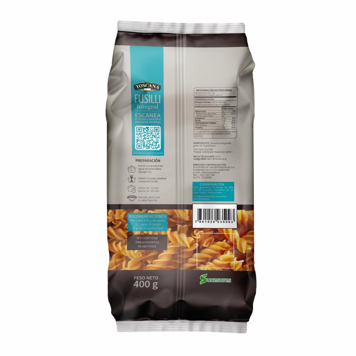 Fideo Integral Fusilli TOSCANA 400 G - Imagen 4