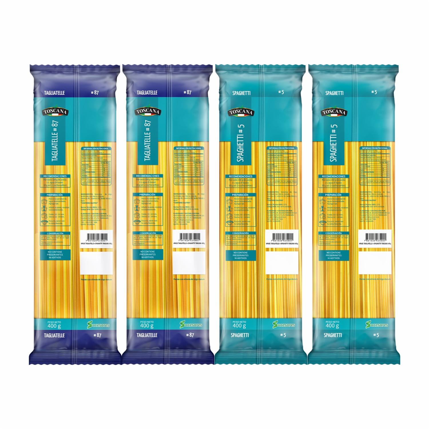 Fideo Pack 2Tagliatelle N°87 + 2 Spaghetti N°5 TOSCANA 4X400 G - Imagen 4