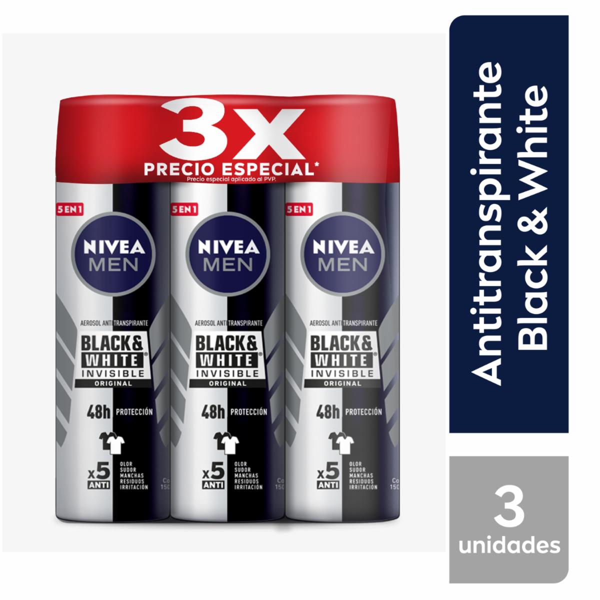 Desodorante En Aerosol Para Caballero Invisible Black & White NIVEA MEN Pack X3 X 150 Ml