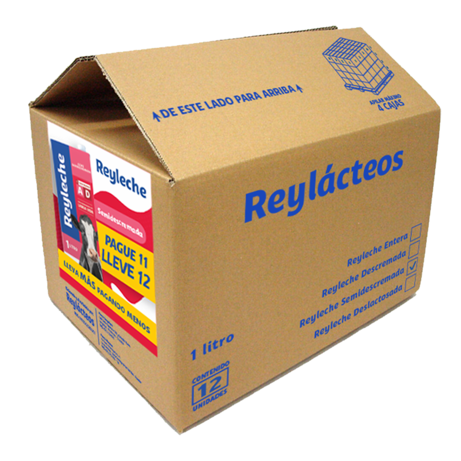 Leche Semidescremada Larga Vida REY LECHE 12 X 1000 Ml