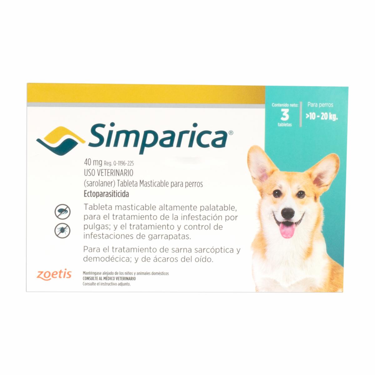 Antiparasitario Para Perros Masticables  10-20Kg Turquesa SIMPARICA 0,04 G