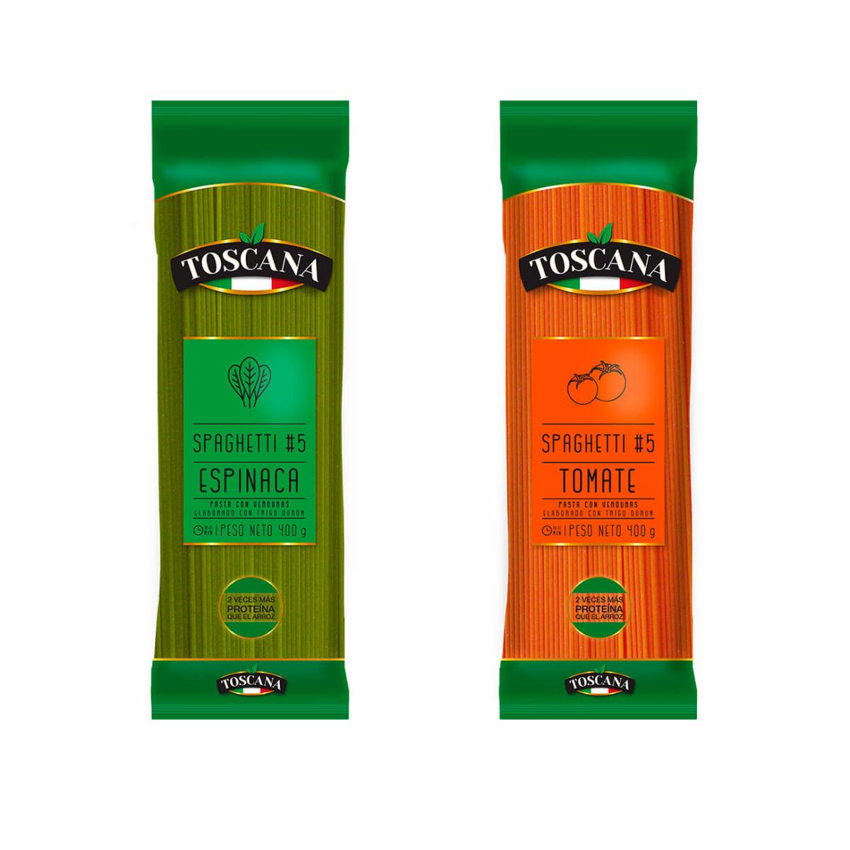 Pasta Spaghetti #5 Tomate Y Espinaca + Cubiertos TOSCANA Pack X2 400 G