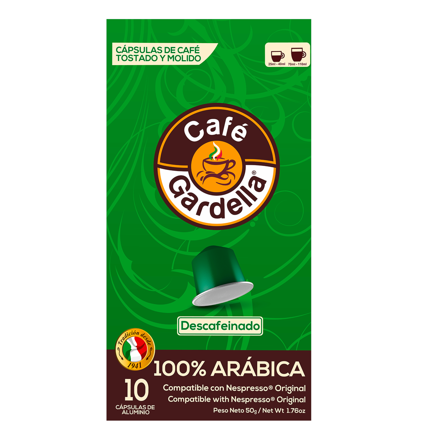 Café En Cápsulas Descafeinado Compatibles Nespresso Original GARDELLA 10 X 5G