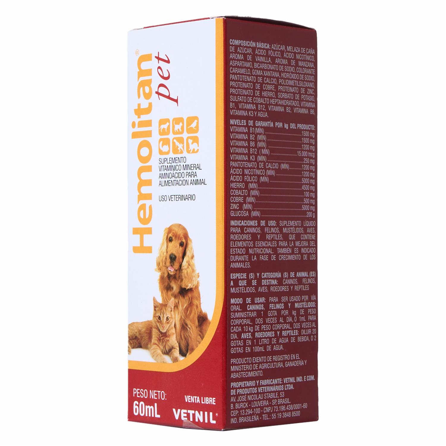 Suplemento Vitamínico Mineral Aminoácido Para Alimentación Animal HEMOLITAN PET 60 Ml