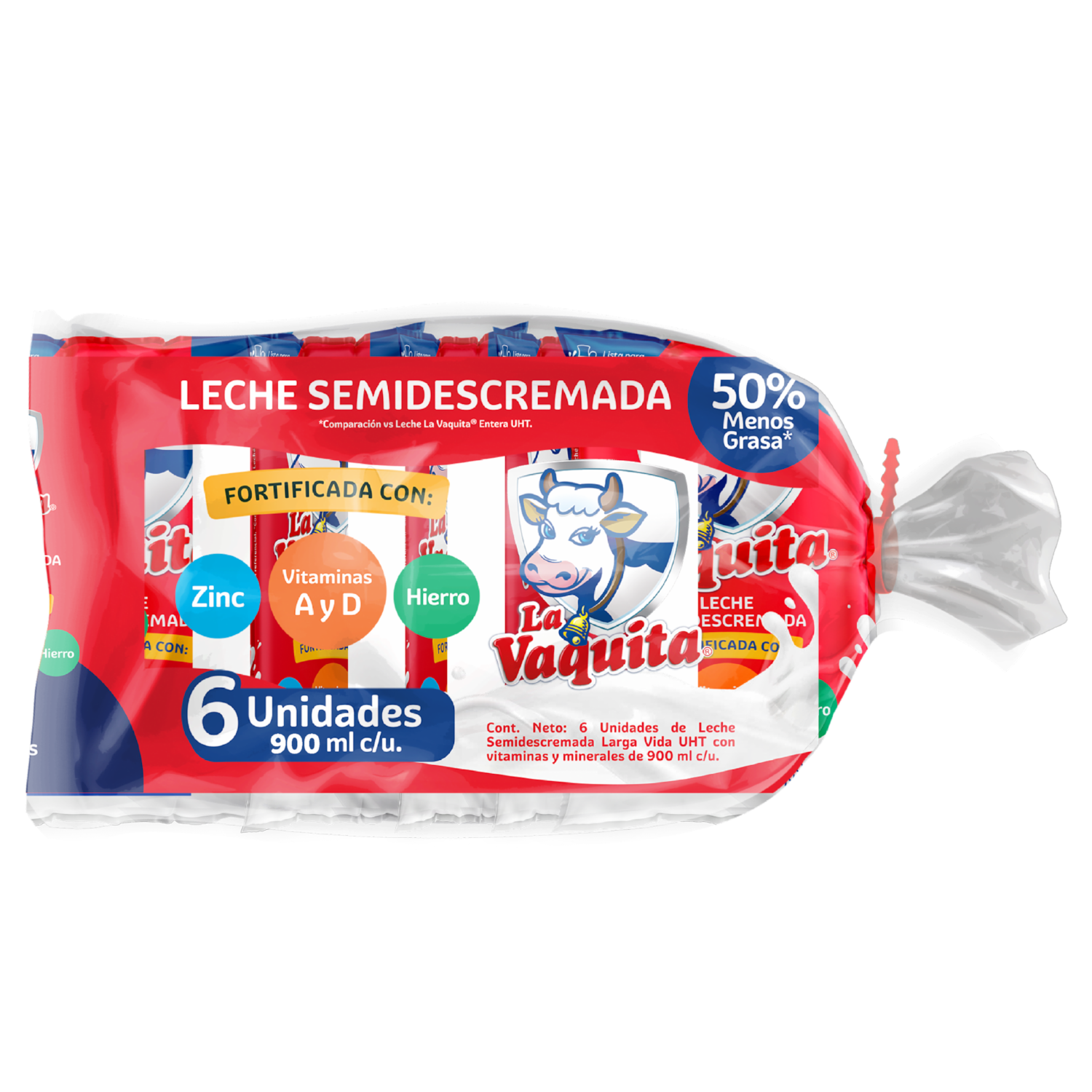 Leche Semidescremada Fortificada LA VAQUITA 6X900 Ml