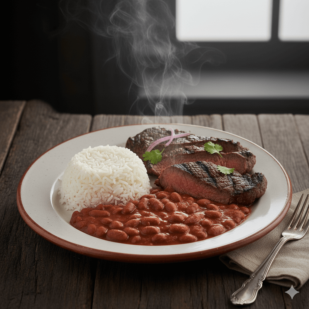Arroz con menestra y carne asada