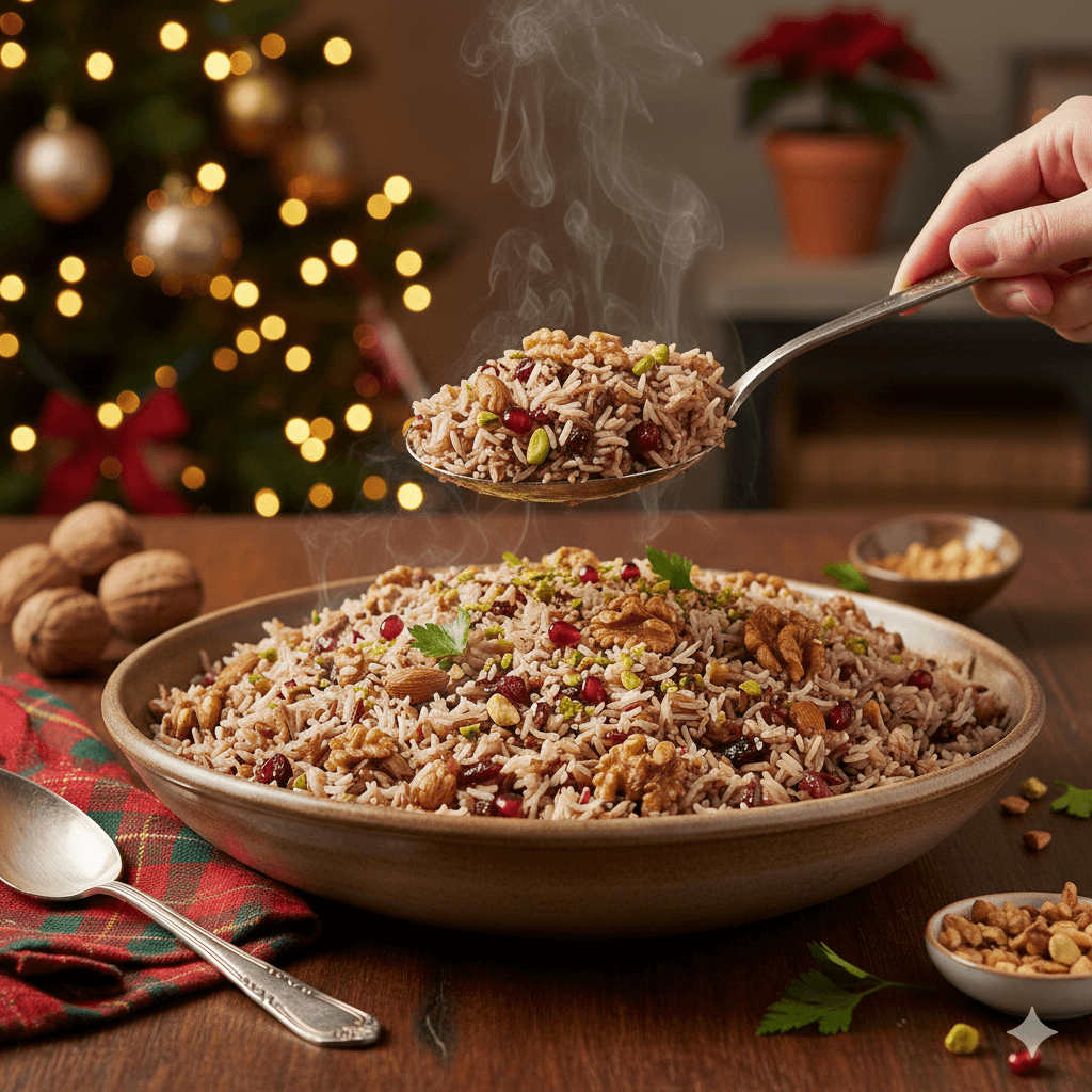 Arroz navideño con salsa de albahaca y nueces