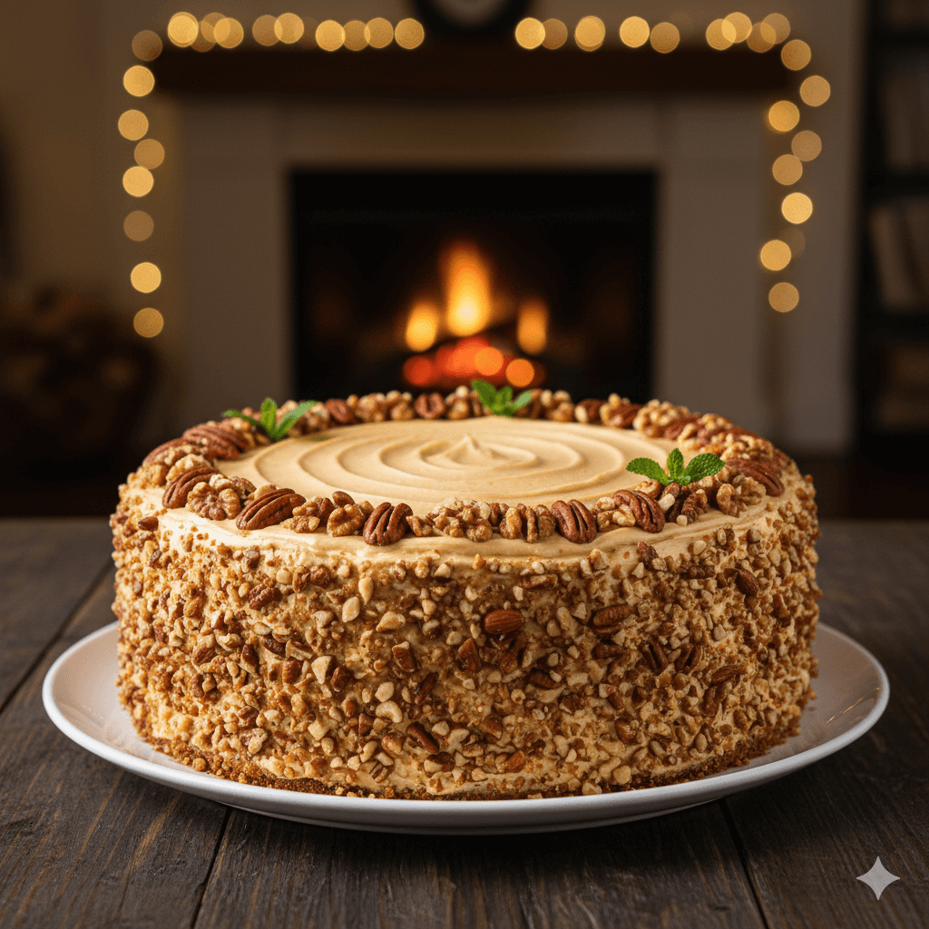 Torta con crocante de nuez y pudín