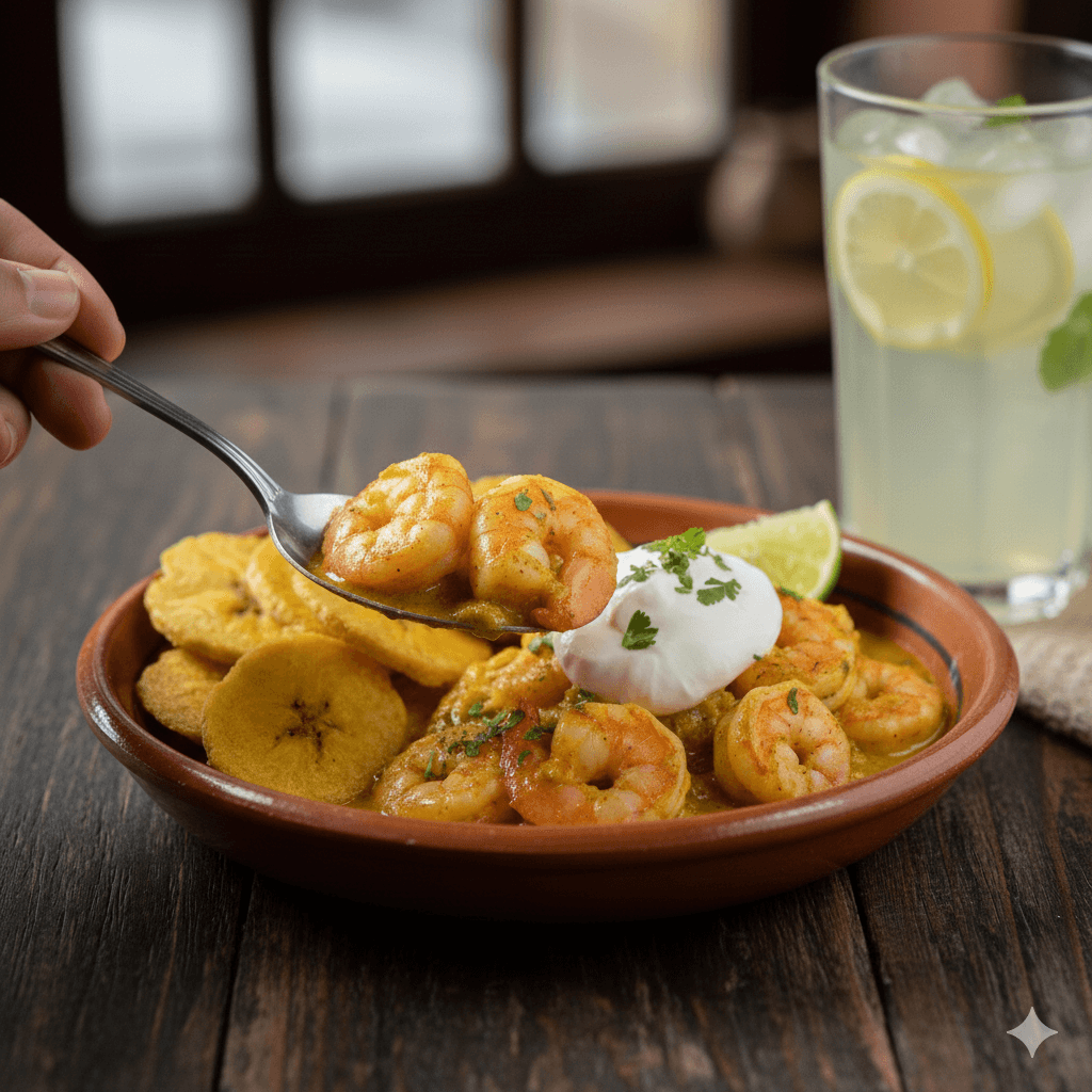 Bebé: camarones con patacones y crema agria