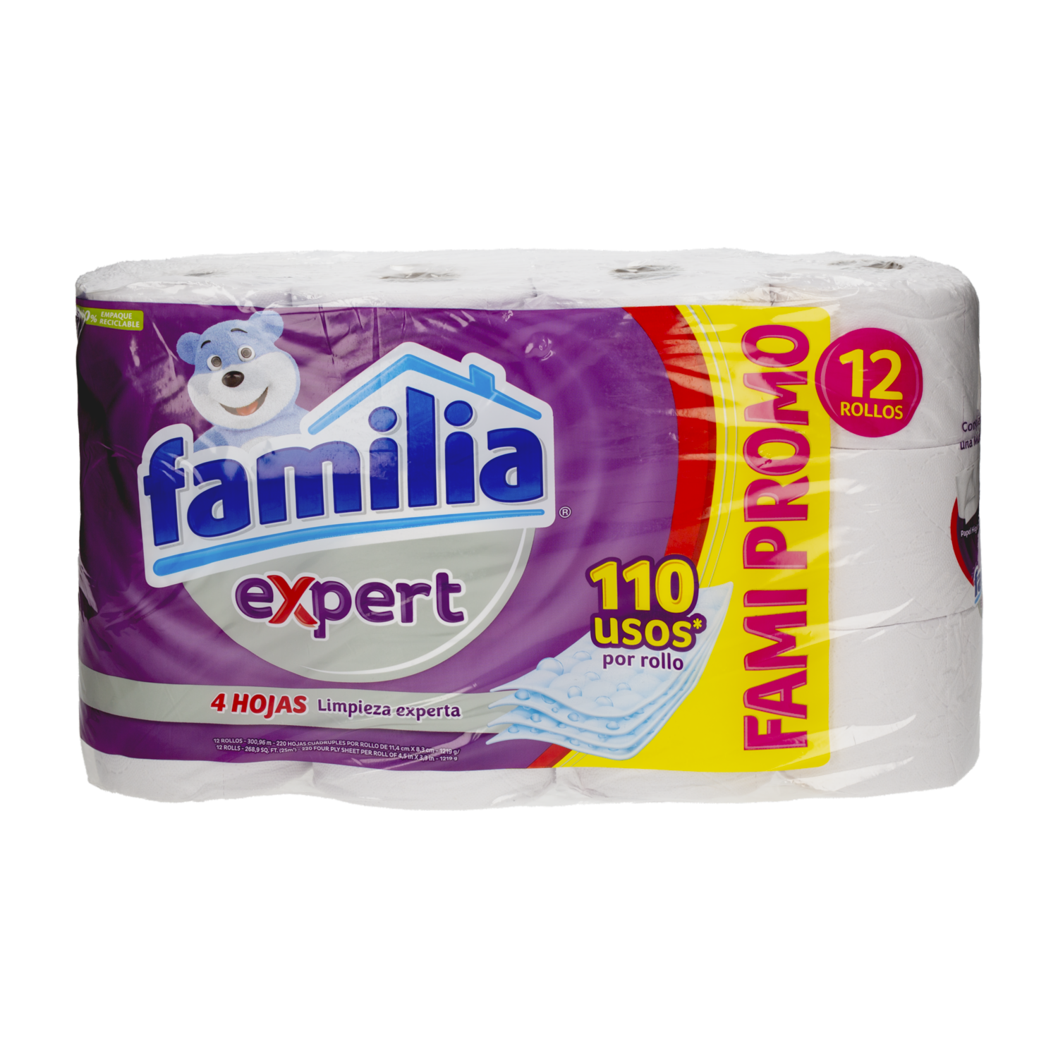 Papel Higiénico 4 Hojas Limpieza Experta FAMILIA 12 Rollos