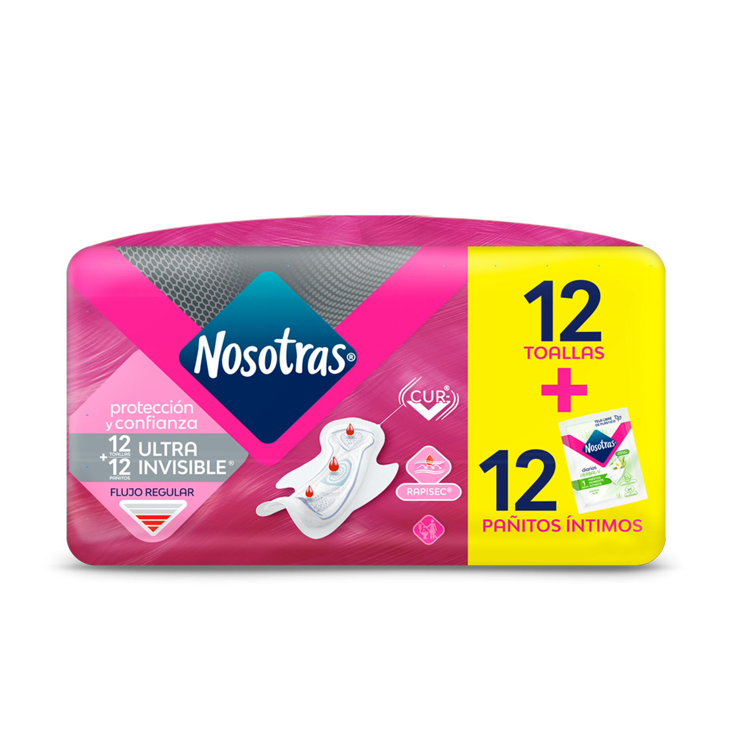 Toallas Sanitarias Ultra Invisible Rapigel x 12 + 12 Pañito Herbal NOSOTRAS X 24 Unidades