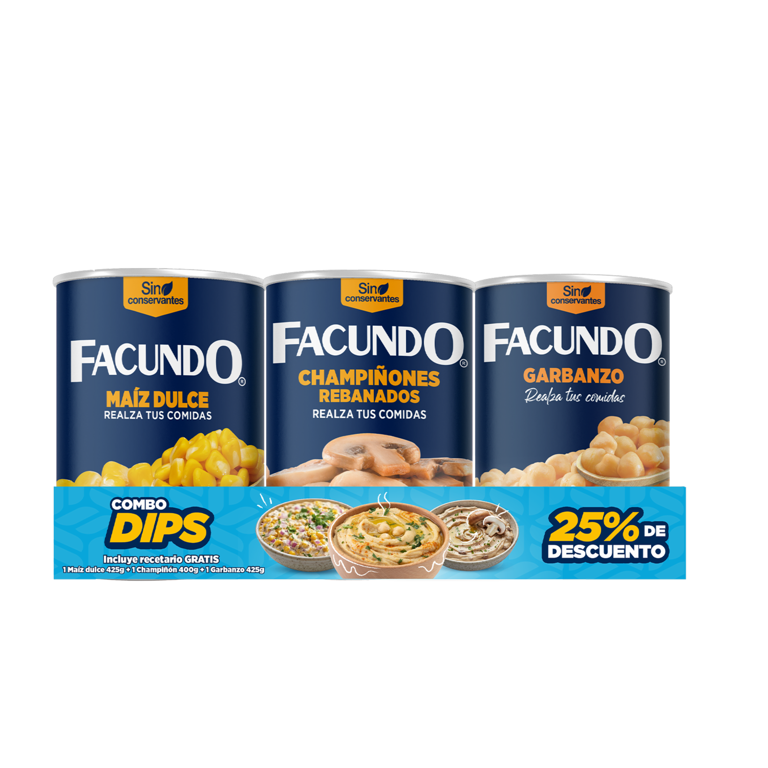 Combo Enlatados Maíz Dulce, Champiñones Rebanados Y Garbanzo FACUNDO 1250 G